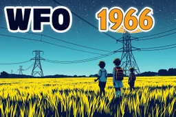 bumper sticker design, westall in bold heading text ufo 1966, lots of school children looking up in a field with high voltage powerline and gumtree's, mysterious cool, bold
