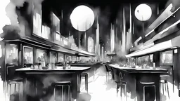 futuristic modern dark night metropolis eatery. In black and white style watercolor drawing. a lot of black color