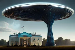 a alien craft that has landed on the white house lawn :: made of shiny obsidian glass :: reflective, glassy :: subtractive lighting, backlit :: by John William Waterhouse, Greg Rutkowski, HR Giger :: hyperrealistic, hyper detailed, photorealistic :: epic, incredible composition, amazing depth, meticulously composed, 16k resolution concept art :: fantasy magazine cover art