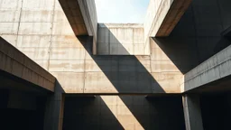 Monumental concrete structure with suspended planes and deep shadows, crossed by an oblique beam of light revealing rough textures and a central void that seems to breathe, minimalist architectural painting style with ochre accents.