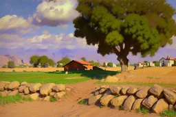 sunny day, clouds, rocks, trees, mountains, countryside, dirt road, adobe old house, gustave caillebotte and pieter franciscus dierckx impressionism paintings