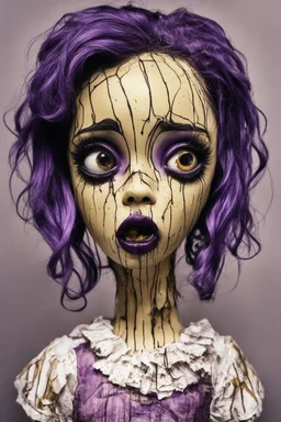 full color, illustration of a darkpurple and gold tones, menacing, Singer Melanie Martinez face, as a decayed, broken, crude homemade cloth doll toy, with a narrow cracked porcelain face, thick dark eyebrows, hair in two gradually, made from ragged strips of cloth, in the style of Alex Pardee, Tim Burton, and Nadya Sheremet