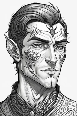 Portrait of male half-elf with short hair, tatooes on his face, Frank Cho style