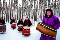 One Northern Native Gaffer. Indigenous, birch-bark face-cover, Kekripukki, carrying drums made of birch-park, Scary Horns, Midwinter, Ghost, Mystic, Haunted Children, The children are dead, Witch, Wizard, Sage. Traditional Costumes are white with red ornaments and patterns. Faces are painted with purple and green. Arctic Hills, Strange trees, Haunting Atmosphere, Crazy, North-Carelia, Karelia, Karjala, Karjalainen, traditional Carelian costumes, black tears,