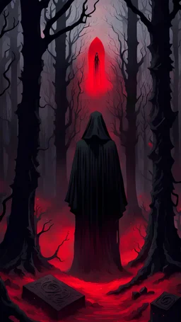 Through the gloomy forest, surrounded by strange gloomy figures in black robes, a red light appears from the gloomy black sky, which descends on an eerie grave in the middle of the forest