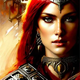 portrait beautiful face Red Sonja medieval metal armor balanciaga fashion clothe painting by gaston bussiere, greg rutkowski, yoji shinkawa, yoshitaka amano, tsutomu nihei, donato giancola, tim hildebrandt, oil on canvas, cinematic composition, extreme detail