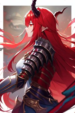 girl, masterpiece, best quality, cinematic lighting, detailed outfit, vibrant colors, perfect eyes, long hair, red hair, red eyes, dragon girl, armored clothes, angry, looking down, dragon horn,