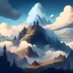 illustration of a giant mountain in a fantasy landscape with a village up in the clouds