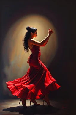 a full body Latino woman dancing salsa in red dress, dark shadow in background, acrylic and oils, glossy finish high contrast, detailed, vibrant colors, cinematic, masterpeace