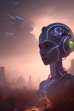 projection of an AI head hovering over an cyberpunk landscape in the distance, a small human walking towards the head, high quality, 4k resolution, high details