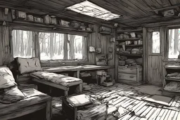 interior cabin, forest,, comic book,,, cinematic, post-apocalypse