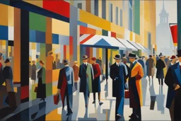 hustle and bustle in Berlin 1925; impasto painting in Bauhaus style, cinematic, dramatic, dynamic, ((great verticals)), ((great parallels)), amazing reflections, excellent shadows, perfect translucency, sharp shadows, (wild contrasts), (vivid bold colors)