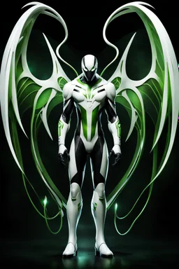 Cyborg symbiote, white color, green color, tendrils, high tech, cyberpunk, biopunk, membrane wings, carbon fiber, cyber tentacles, and the other two.