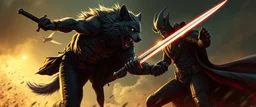 werewolf vs vampire cyberpunk action scene, acrobatic dodge, cape harlekin, morning star, cutlass