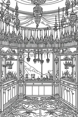 A vampire's lair with coffins, candles, and bats hanging from the ceiling.. Outline, sketch style, only use outline, mandala style, clean line art, white background, no shadows, no clear wall, coloring page.