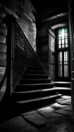 A stair to a door with prison bars, darkness reigns supreme, swallowing light and casting an eerie gloom. Jagged rocks jut ominously, shadows dancing with unseen creatures. Sinister shapes glide, eyes gleaming in the murky depths. Distant rumblings and creaking sounds fill the water, sending shivers. In this desolate underworld, fear of the unknown pervades every corner, where the slightest movement evokes terror. It's a realm where nightmares manifest, and the deep, unfathomable expanse inst