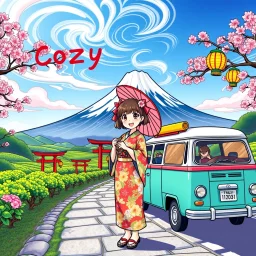 Create a book cover for Cozy Japan Coloring Book featuring a joyful Japanese girl in a brightly patterned yukata, standing beside a retro travel van during a scenic road trip. She holds a colorful paper parasol, her hair adorned with blooming sakura flowers. The backdrop includes a vibrant view of Mount Fuji under a brilliant blue sky, with swirling clouds, pink cherry blossoms, and fields of green tea bushes. Red torii gates line the path, and glowing lanterns hang from trees, casting golden li