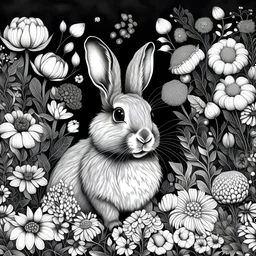 colorless rabbit between seeds and big flowers