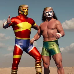 Realistic oil paint of Donald trump wrestler, Mexican wrestling style, Mexican wrestling mask for eyes, red and blue breeches, glow us flag dress, suspenders, retro style, 80s, vibrant color, highly detailed, sky background, concept art, unreal engine 5, god rays, ray tracing, RTX, lumen lighting, ultra detail, volumetric lighting, 3d, finely drawn, high definition, high resolution.