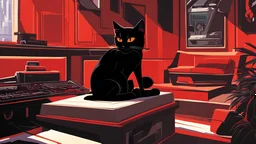 (by Syd Mead, by Cleon Peterson, by Retros, by Velveteksotica), (solo toony black cat gamercat \(character\), red scarf, sitting:1.3), (playing videogame, room:1.25), masterpiece, best quality, 4k, 2k, (intricate:0.9), (high detail, shaded:1.25), absurd res