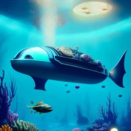 fullbody Drawing of 'Ultra Futuristic style concept Submarine'intricate detail,by andrea bonelli,Kilian Eng,Ohrai,underwater,three quarters view, Steampunk Submarine Fish design study, toned colors,16k