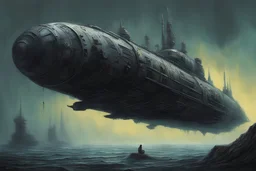 a spaceship in the likeness of a submarine. concept art in the style of Chris Foss giger beksinski phillipe druilett enki bilal
