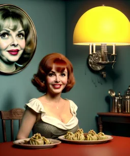 Ultra realistic photographic portrait, happy young Gina Lollobrigida woman sitting with arms resting on Italian kitchen table, pretty tortellini dish, retro dress by 1960, classic style decoration, cold, soft color, highly detailed, unreal engine 5, ray tracing, RTX, lumen lighting, ultra detail, volumetric lighting, high definition.