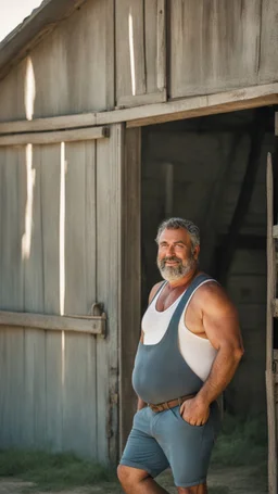 half figure photography of a burly beefy overweight muscular sicilian farmer 47 years old, sweat, near a tractor, short curly hair, short white beard, manly chest,crossing arms, in tank top with dirty tank top and bulging shorts, near the door of a large barn, shy smile, under the sun, photorealistic, side light