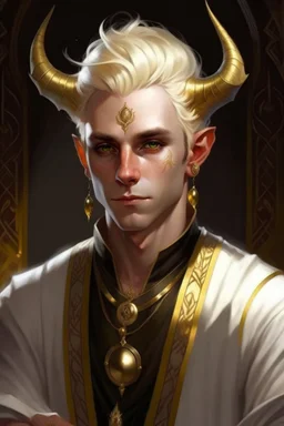 A young tiefling man with White-Blonde, short hair, black eyes, dressed in white and gold with lots of jewelry, beautiful