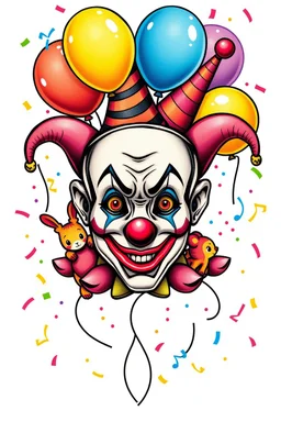 colourful clown head tattoo design with balloon animals and confetti Horn on the background