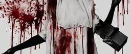 a faceless woman covered in blood holding up an empty black box