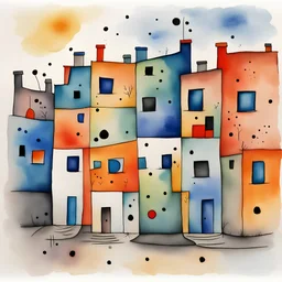 Draw me terraced houses watercolour in the style of **Joan Miro- Surrealism/Abstract Art:** - Miro's whimsical and poetic *Peaceful Harmony Color Palette:** - soft