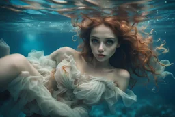 Underwater, closeup Siren girl with big eyes, ragged clothes, lying pose, fullbody, his skin translucent, 8k,macro photography,