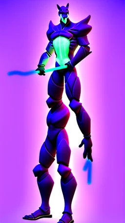 man game character full height with weapoon in blue-purple neon, without background