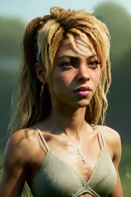 Shakira artist, Realistic image, natural waist up portrait, natural busty , perfect eyes, glow, circle iris. concept art, smooth, unreal engine 5, god lights, ray tracing, RTX, lumen lighting, ultra detail, volumetric lighting, 3d, finely drawn, high definition, 4k.