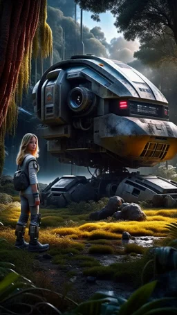 Wide-angle, woman with straight hair, dressed like a robot, with equipment in her hands, next to a crashed spaceship, in a clearing on an alien jungle world