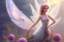 one very little beautiful fairy on a big crystal subtle flower in a galactic ambiance, transparent petals, delicate colors, in the foreground, full of details, smooth, bright sunshine，soft light atmosphere, light effect，vaporwave colorful, concept art, smooth, extremely sharp detail, finely tuned detail, ultra high definition, 8 k, unreal engine 5, ultra sharp focus