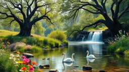 a beautiful river in country side with water falls and big tree,wild flowers and, swans pertty coloful fishes in river ,a pretty Deer with horns in inside plants,butterflies around flowers,heaven escape,some ladys are standing at river side