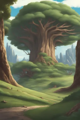 Vast plains like Elysium, green trees all around plains, a big tree in middle of plans