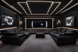 a black themed dedicated home cinema room with LED ambient lighting in the walls make sure the room is completely symmetrical