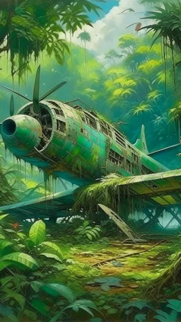 An old airplane with wings crashed in rainforest filled with green bushes painted by Claude Monet