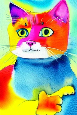 watercolor painting, happy cat, bright color,