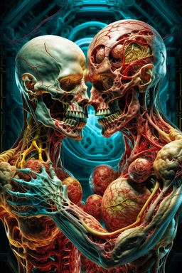 cinematic gore photorealistic fleshy dmt lsd photo of 2 cybernetic bodies making love, 1 male 1 female, 1 soul, complementary, anatomically fragmented, ripped apart again being flayed, skinned alive. A beating heart, muscles, blood vessels, bowels, entrails are exposed. anatomy. physiology. Bosch and Dali inspired hallucinations. mythology. grotesque.