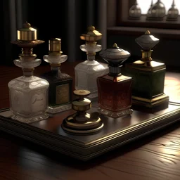 generate me an aesthetic complete image of Perfume Bottles with Antique Inkwell