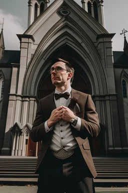 man dressed in church dress clothes opening his shirt like Clark Kent and bearing his chest in front of a church