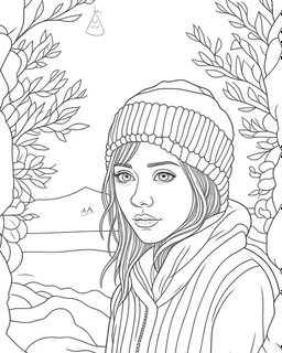 SNOW GARDEN, full view, realistic face, coloring page, only draw lines, coloring book, clean line art, –no sketch, color, –ar 3:4, white background, minimalistic black lines, minimal black color, low level black colors, coloring page, avoid thick black colors, thin black line art, avoid colors, perfect shape, perfect clear lines,