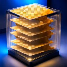 a futuristic translucent neurocube, inside the cube there are partitions made of honeycomb plates