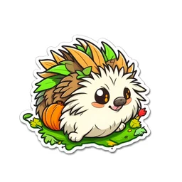 cute stickers, style cartoon, cute Super Deformed Character, white border, high quality, colorful, Detailed illustration of a hedgehog burrowing into leaves or soil. awesome full color,