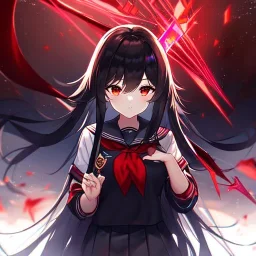 Clear focus, high resolution, black long fluffy hair, red eyes, wearing a dark sailor uniform, holding a red glowing spear