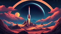 4k picture of the sky with a rocket flying towards a distant planet, stars, sky, vast, colorful, large planet,mountain, wallpaper, detailed, small details, blue, starry, dark night